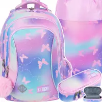 Ilustracja produktu St.Right Zestaw Szkolny 3el. Pink Butterflies Plecak 680007 + Piórnik 680021 + Worek 680038