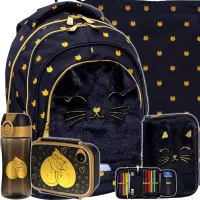 Ilustracja produktu AstraBag Zestaw Szkolny Fluffy Kitty Black 5el. Plecak 502025021 + Worek 507025010 + Piórnik 503025026 + 558660 + 558652 + 558654