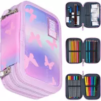 Ilustracja produktu St.Right Piórnik Trzykomorowy z Wyposażeniem PC-05 Pink Butterflies 680045