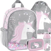 Ilustracja Paso Zestaw 4el. Unicorn Plecak PP24JR-303 + Worek PP24JR-712 + Bidon PP24JR-3021 + Śniadaniówka PP24JR-3022
