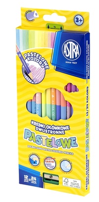 3. Astra Kredki Ołówkowe Trójkątne Dwustronne Pastelowe 12 sztuk - 24 Kolory +Temperówka 312120003